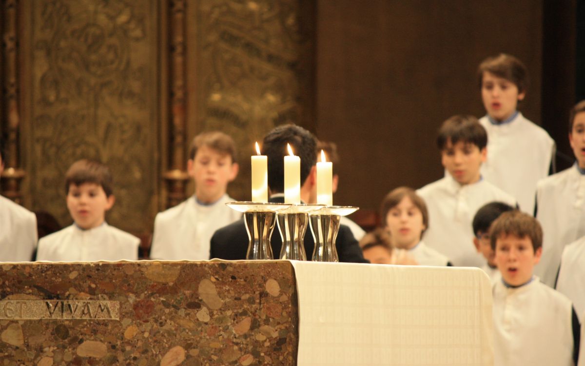 Young choir boys singing during a church ceremony with lit candles on the altar.