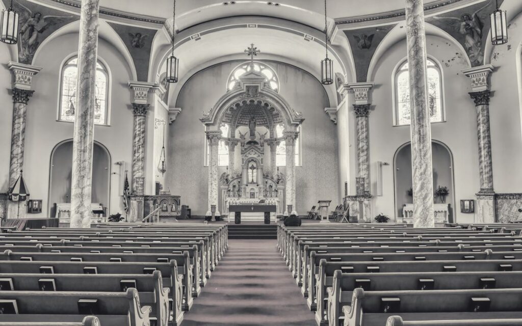 Beautiful black and white interior of a cathedral in Winona, MN, showcasing architectural grandeur.