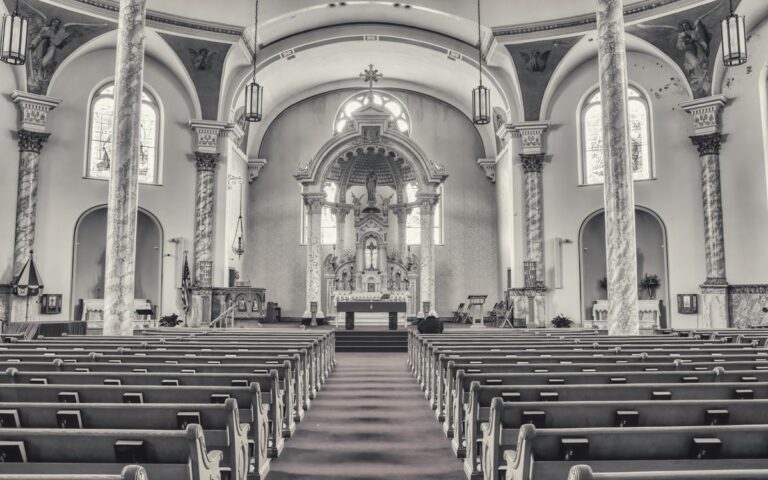 Beautiful black and white interior of a cathedral in Winona, MN, showcasing architectural grandeur.