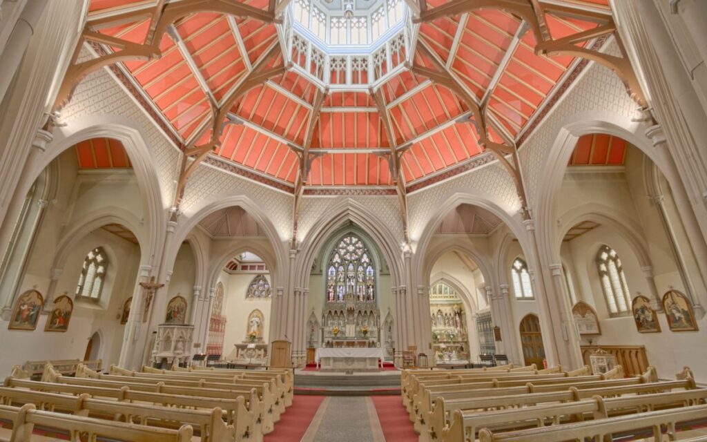 Stunning interior view of Sacred Heart Church in Blackpool, showcasing its magnificent architecture and sacred ambiance.